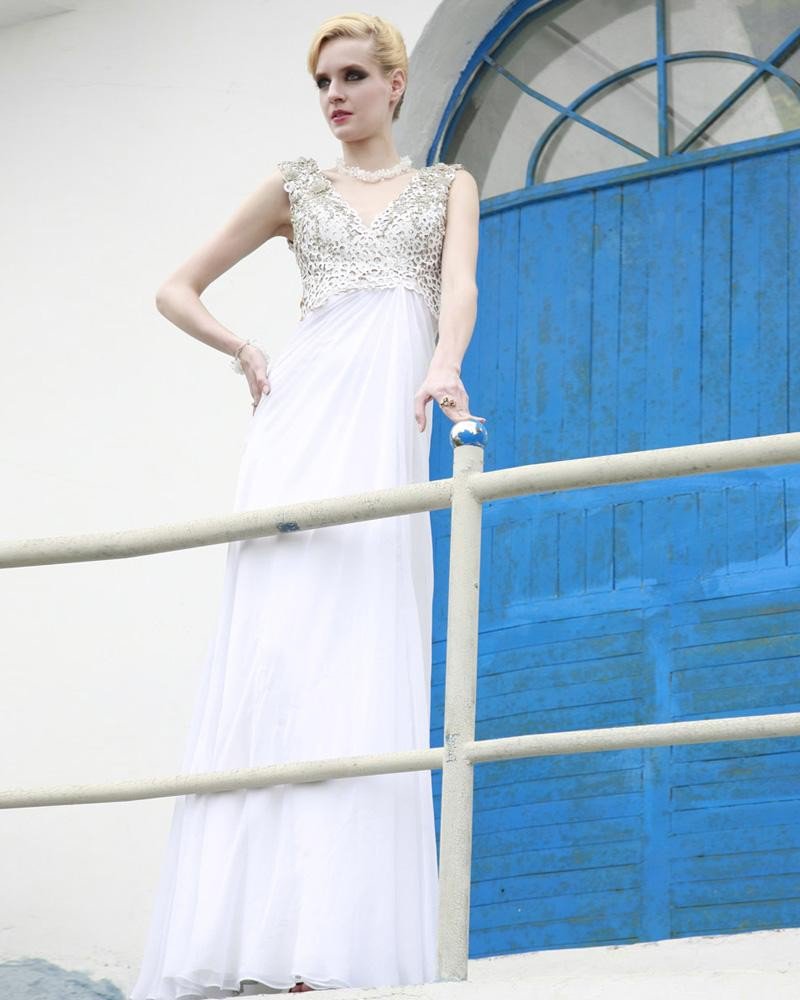 Charmeuse Mesh Tencel Beading Pleated V Neck Floor Length Evening Dresses