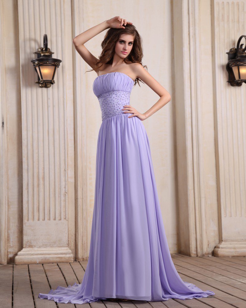 Designer Sleeveless Chiffon Beading Ruffles Strapless Chapel Train Evening Dresses