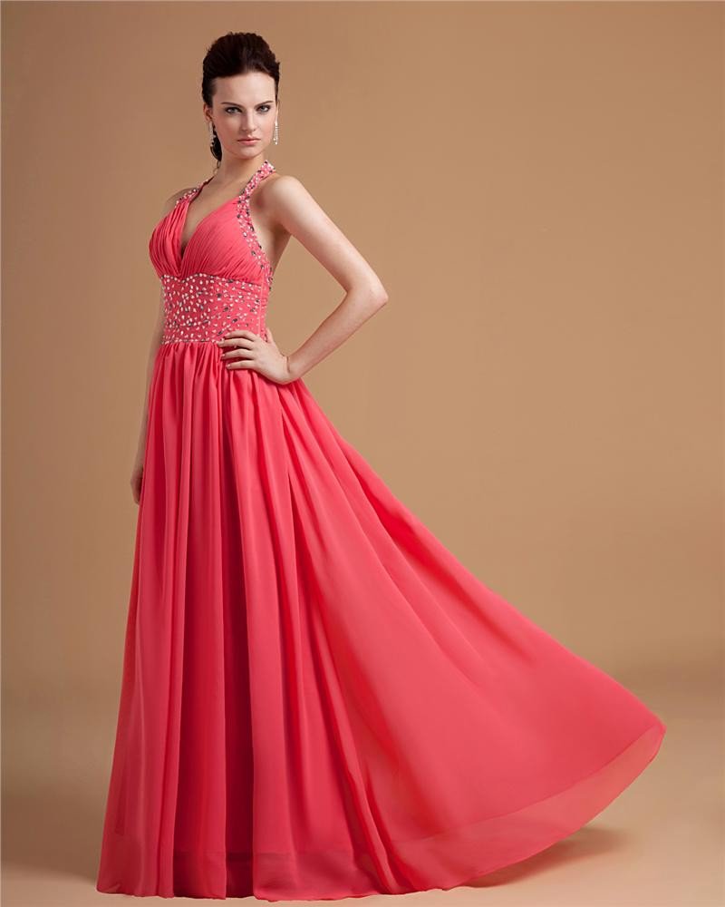 Chiffon Halter Beading Pleated Floor Length Evening Dresses
