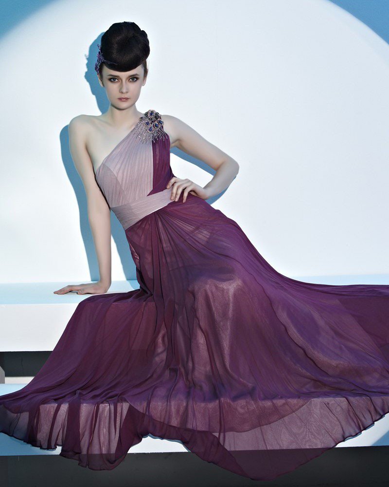 One Shoulder Pleated Beading Floor Length Georgette Woman Evening Dress