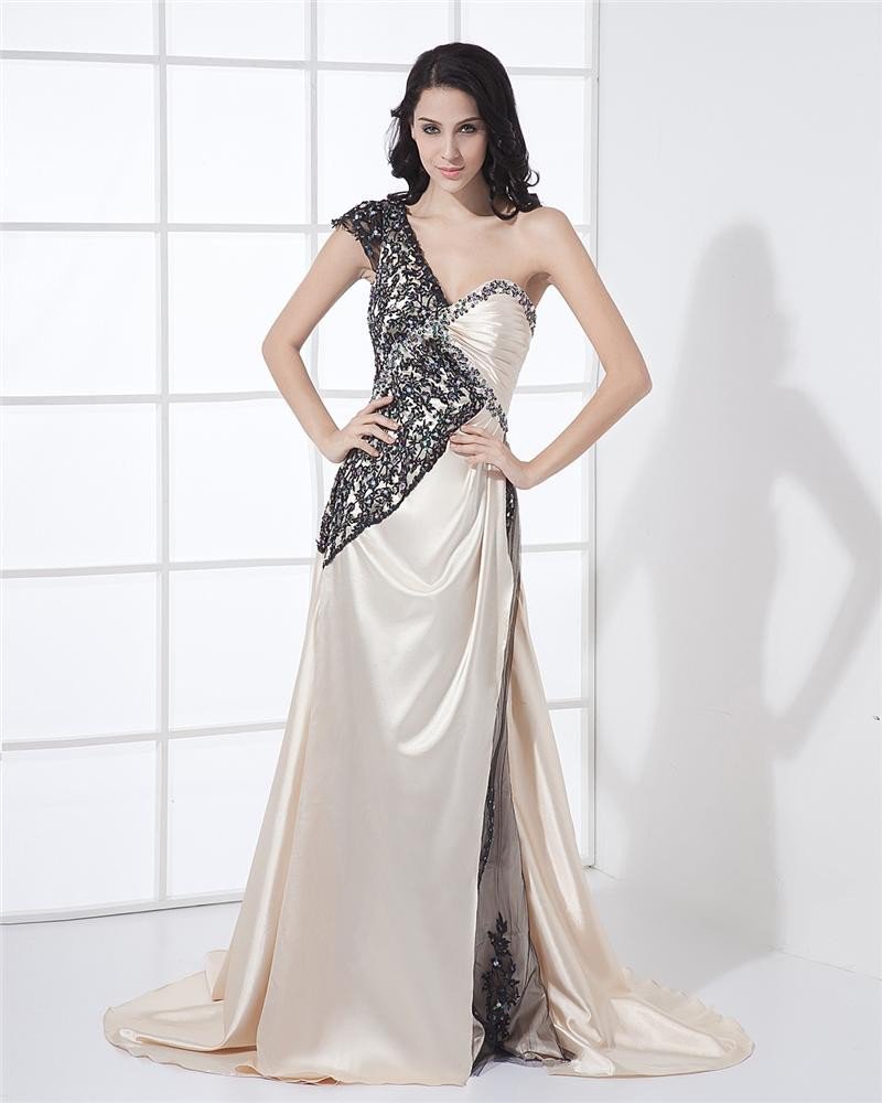 Charmeuse Applique Beading Asymmetrical Neckline Sleeveless Backless Zipper Court Train Slit Celebri
