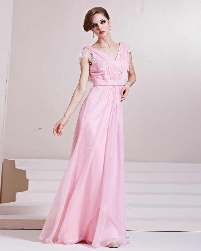 Fashion Tencel Charmeuse Beaded V Neck Floor Length Evening Dress