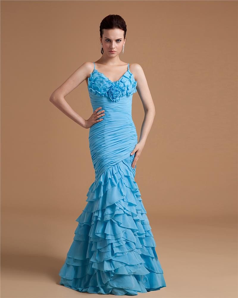 Ruffle Spaghetti Straps Floor-Length Chiffon Womens Evening Dress