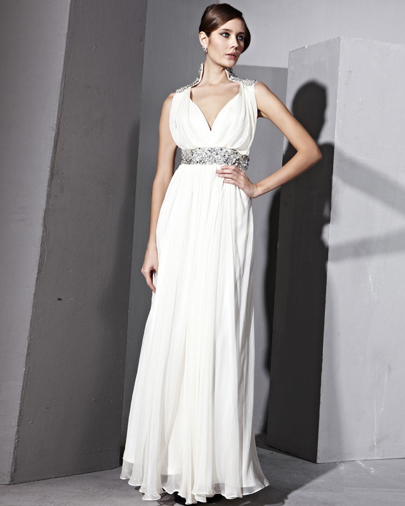 Floor Length V-Neck Tencel Retro Sleeveless Evening Dresses