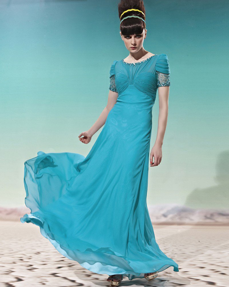 Petal Sleeve Floor Length Round Neck Beading Tencel Empire Woman Evening Dress