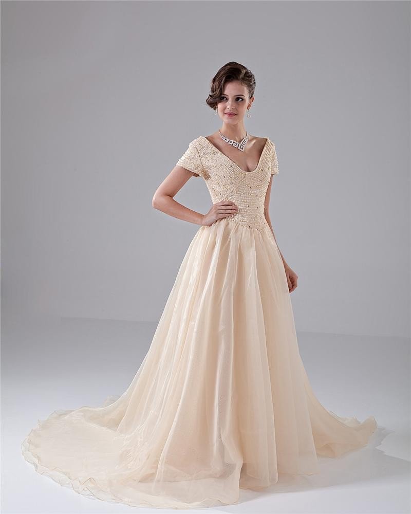 Empire V-Neck Chapel Train Elegant Chiffon Beading Prom Dress
