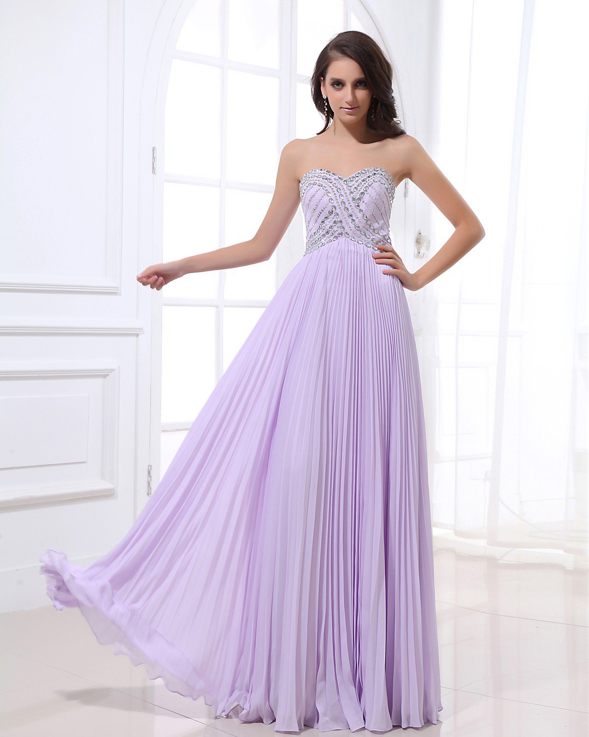 Strapless Neckline Floor Length Beading Pleated Chiffon Empire Woman Evening Dress