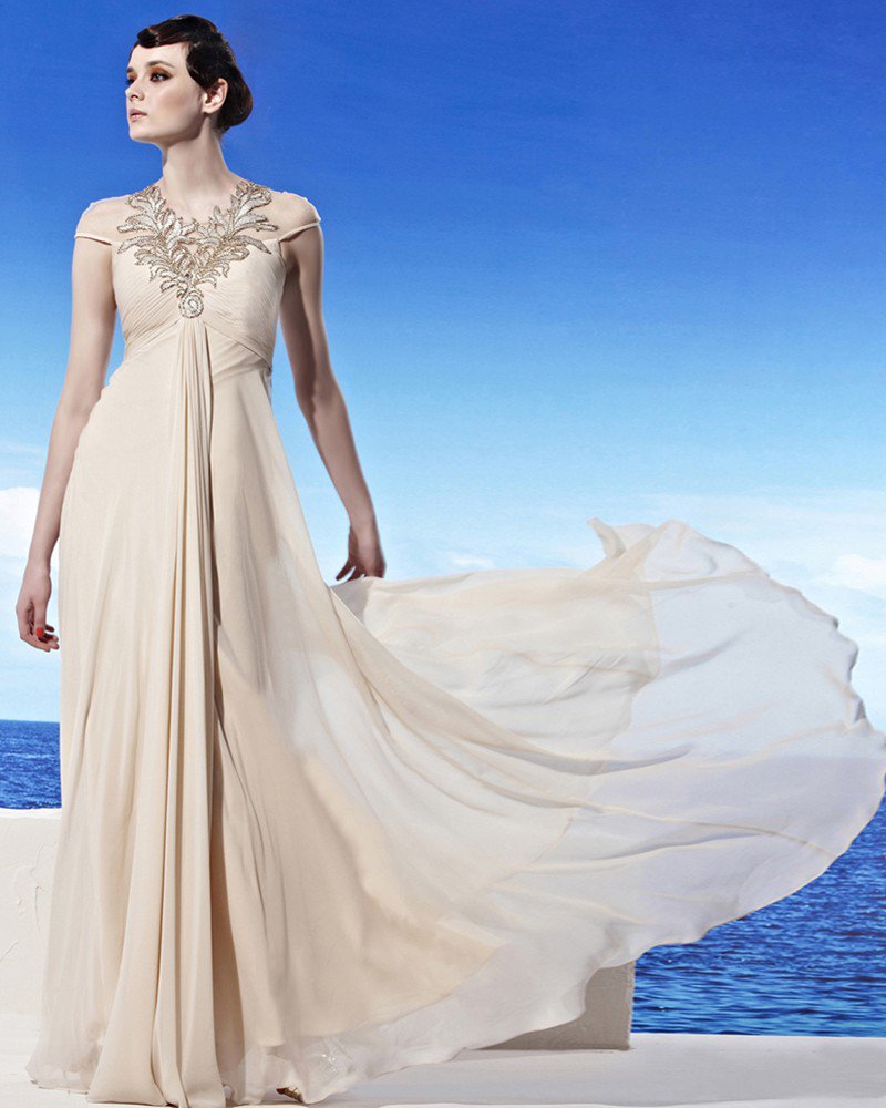 Halter Neckline Floor Length Short Sleeve Beading Flower Empire Tencel Woman Evening Dress