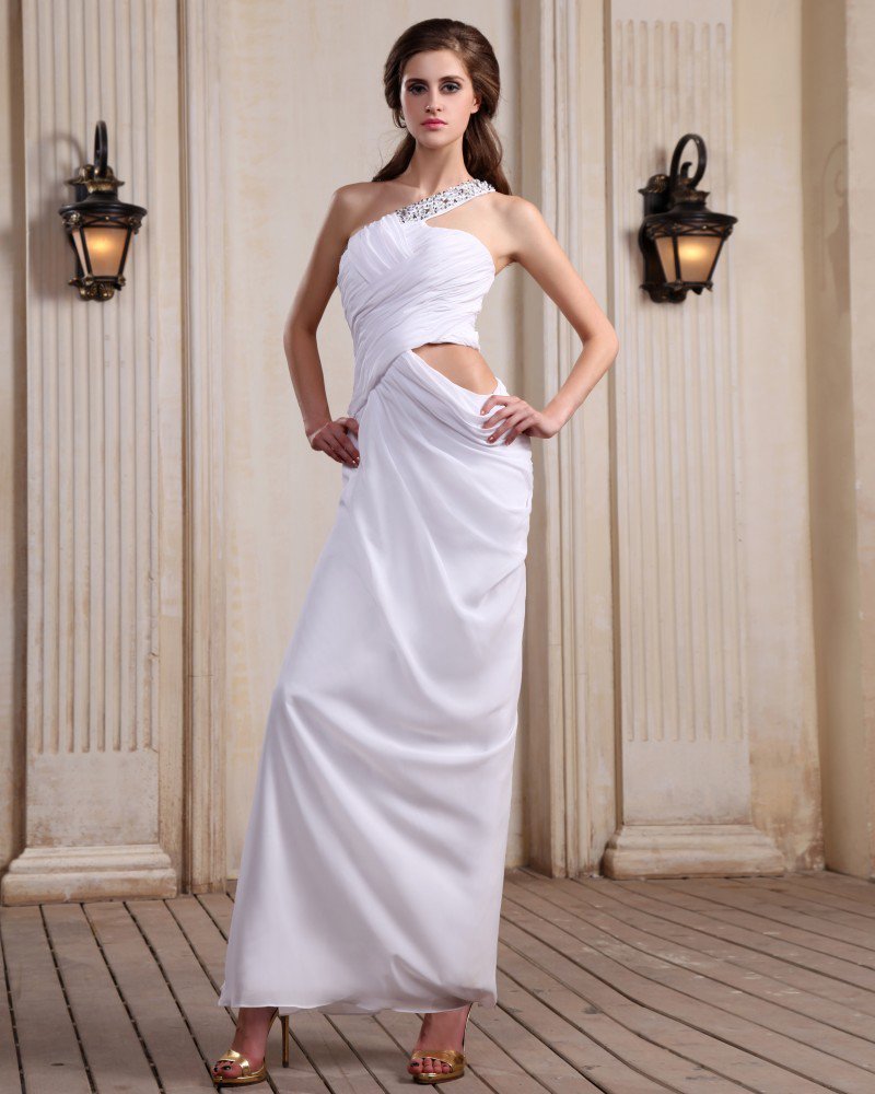 Sleeveless Chiffon Beading Ruffles One Shoulder Floor Length White Evening Dresses