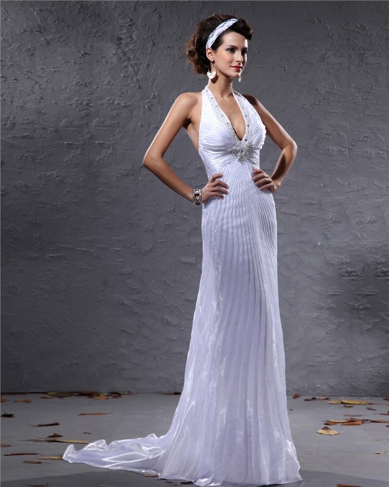 Fashion V-Neck Halter Beading Gauffer Floor Length Evening Dress
