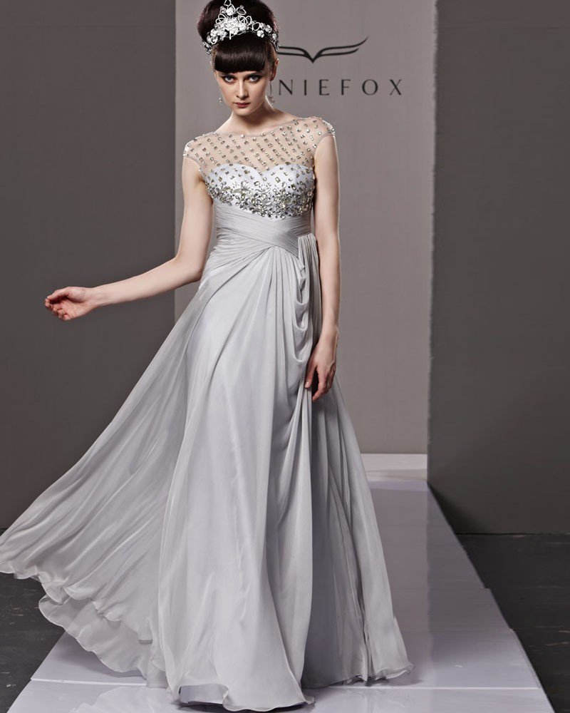 Scoop Neck Rhinestone Sleeveless Button Floor Length Tencel Woman Evening Dress