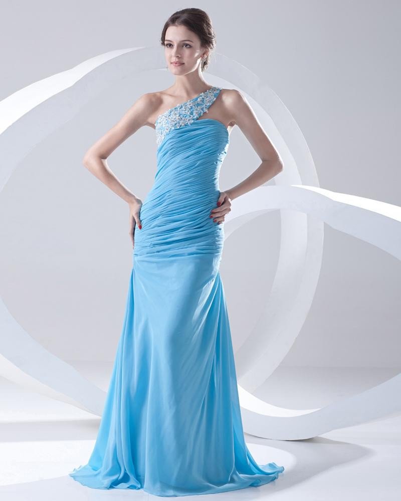 Chiffon Ruffle Beadings Applique One Shoulder Sleeveless Backless Floor Length Pleated Evening Dress