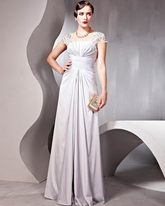 Ruffle Beaded Imitated Silk Charmeuse Tulle Queen Anne Floor Length Evening Dresses