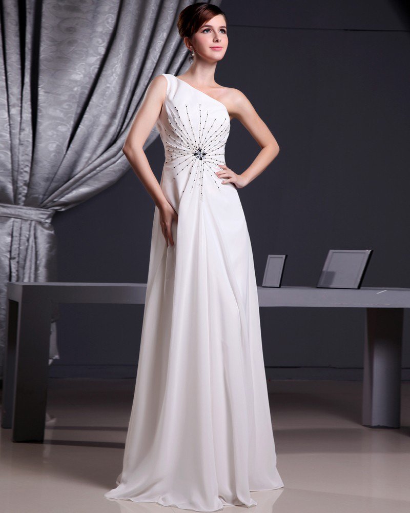 Fashion Chiffon Charmeuse Silk Beaded One Shoulder Court Train Sleeveless Women Evening Dress