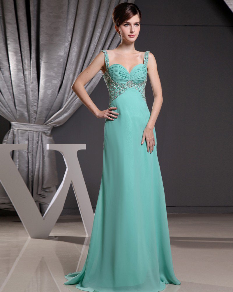 Fashion Chiffon Charmeuse Silk Beaded Pleated Spaghetti Straps Court Train Sleeveless Women Evening