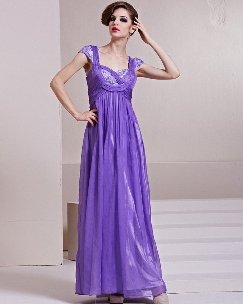 Sabrina Neckline Capped Sleeve Floor Length Beading Tencel Empire Woman Evening Dress