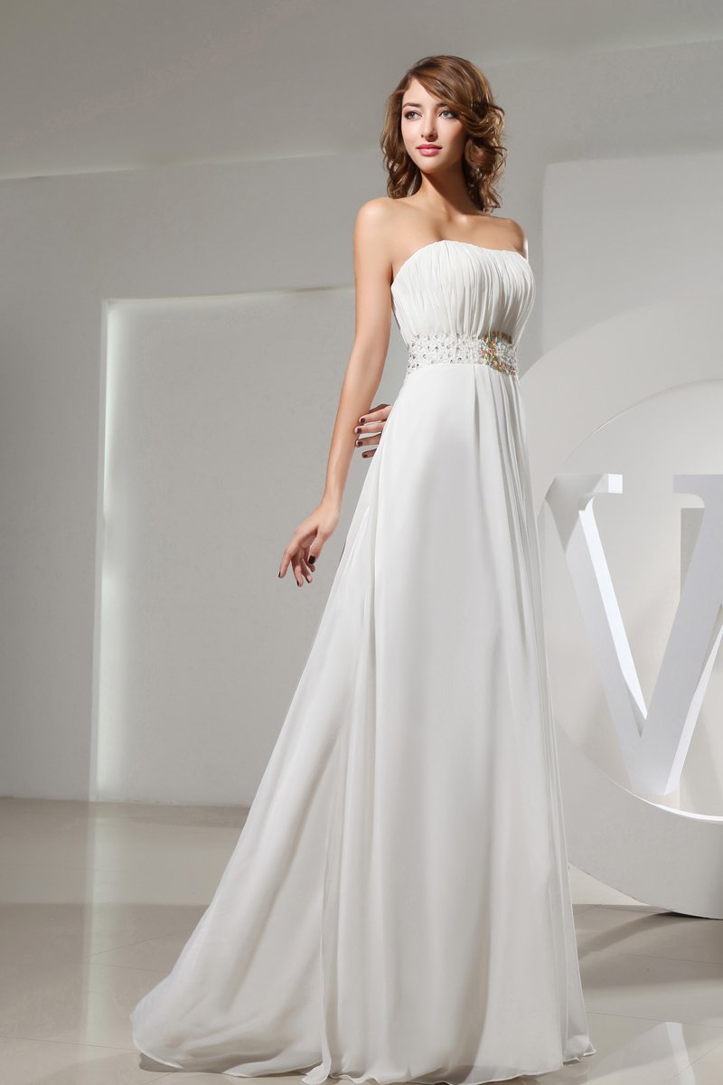 Strapless Sleeveless Zipper Floor Length Beading Ruffle Empire Chiffon Silk Woman Evening Dress