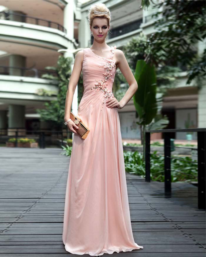 Silk Jewel Drape Applique Floor Length Evening Dress