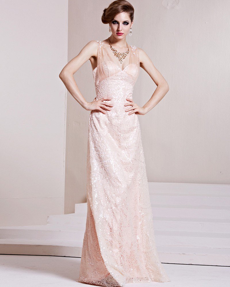 Fashion Paillette Charmeuse Gauze Beaded V Neck Sleeveless Floor Length Evening Dress