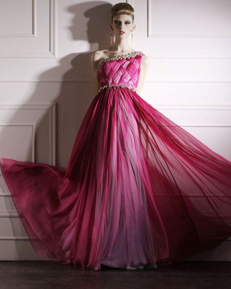 Silk Charmeuse One Shoulder Neckline Bead Floor Length Evening Dress