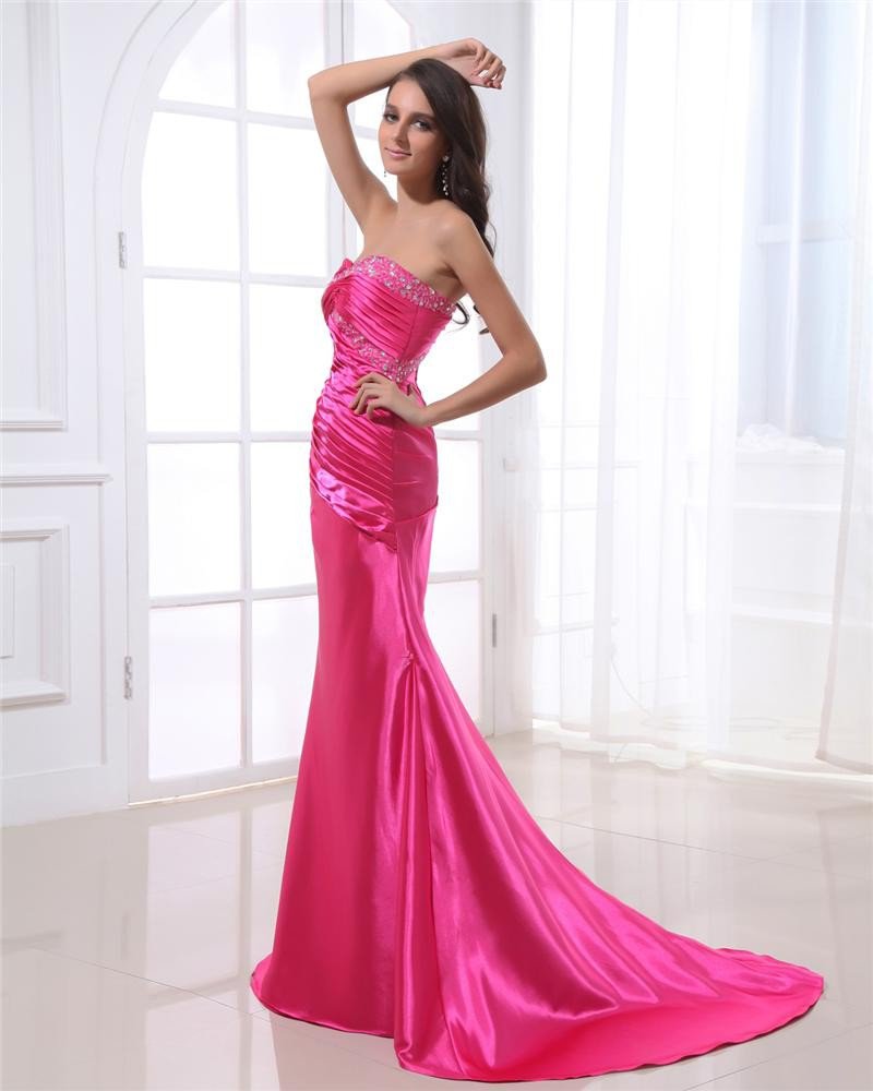 Strapless Neckline Floor Length Sleeveless Beading Pleated Charmeuse Woman Evening Dress