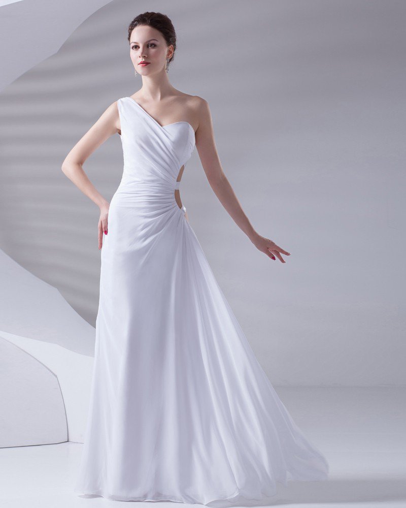 One Shoulder Floor Length Pleated Chiffon Woman Evening Dress