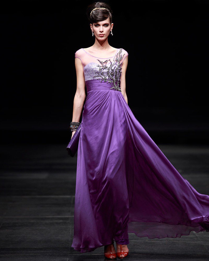 Floor Length Scoop Neckline Beading Empire Charmeuse Woman Evening Dress