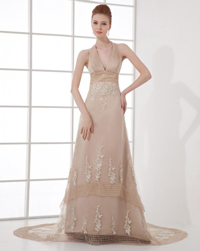 Fashion Organza Embroidery Halter Floor Length Celebrity Dress
