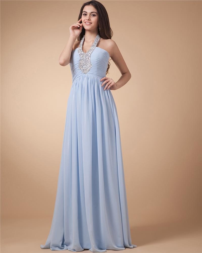 Junoesque A-Line Halter Floor Length Chiffon Women's Evening Dress