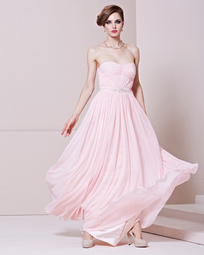 Strapless Neckline Floor Length Beading Sleeveless Charmeuse Woman Evening Dress