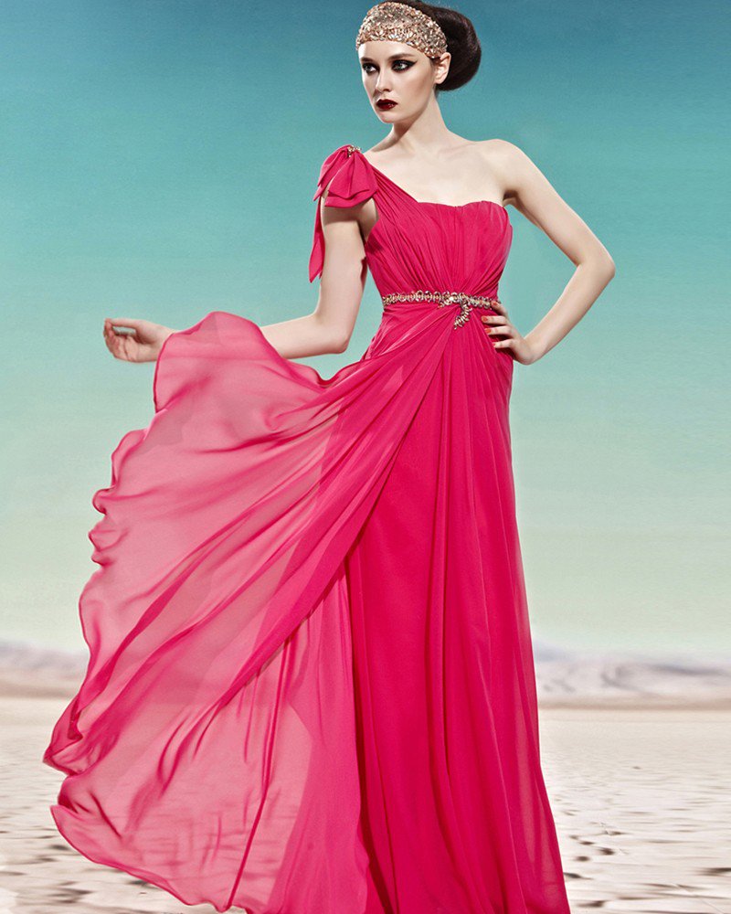 One Shoulder Rhinestone Bowknot Sleeveless Backless Floor Length Charmeuse Woman Evening Dress