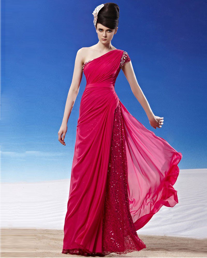 Sloping Floor Length Beading Pleated Tencel Women Evening Dress