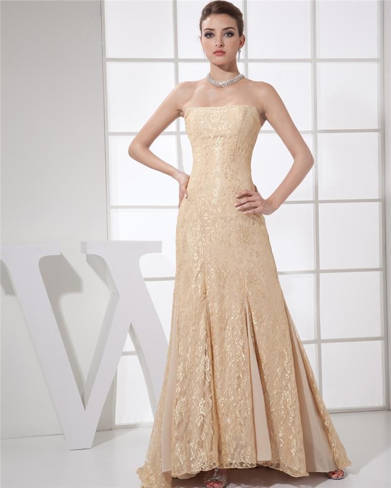 Strapless Ruffle Sleeveless Zipper Floor Length Empire Chiffon Lace Woman Evening Dress