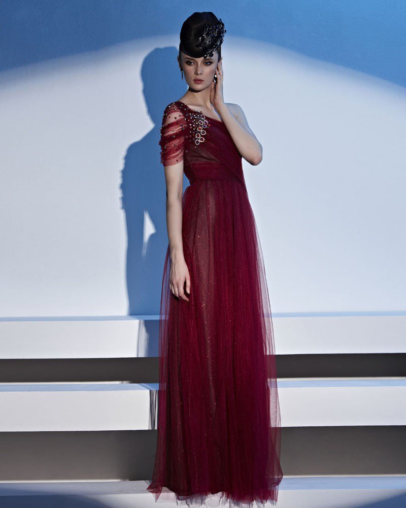 One Shoulder Rhinestone One Side Short Raglan Sleeve Floor Length Charmeuse Woman Evening Dress