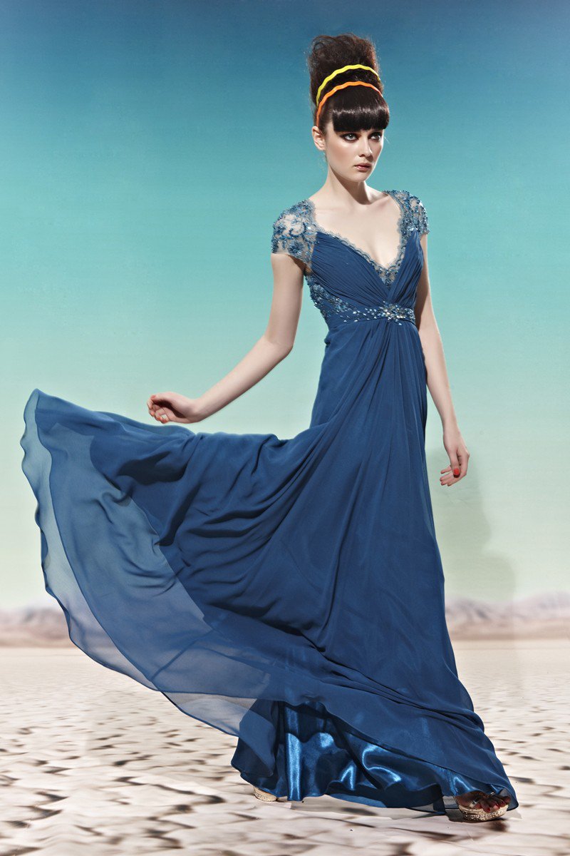 Floor Length Short Sleeve V Neck Beading Composite Filament Empire Woman Evening Dress