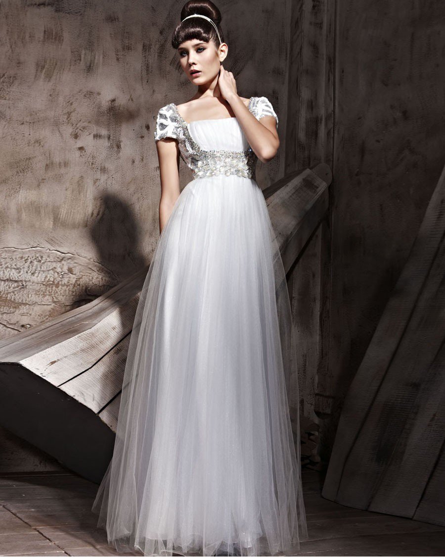 Short Sleeve Floor Length Charmeuse Sequin Sabrina Evening Dresses