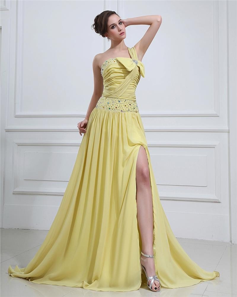 Chiffon Ruffle Beaded Bowtie One-Shoulder Floor Length Prom Dresses