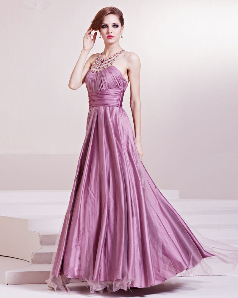 Fashion Satin Charmeuse Gauze Beaded Halter Floor Length Evening Dress