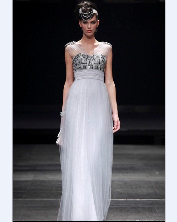Empire V Neck Sleeveless Floor Length Bead Satin Evening Dresses