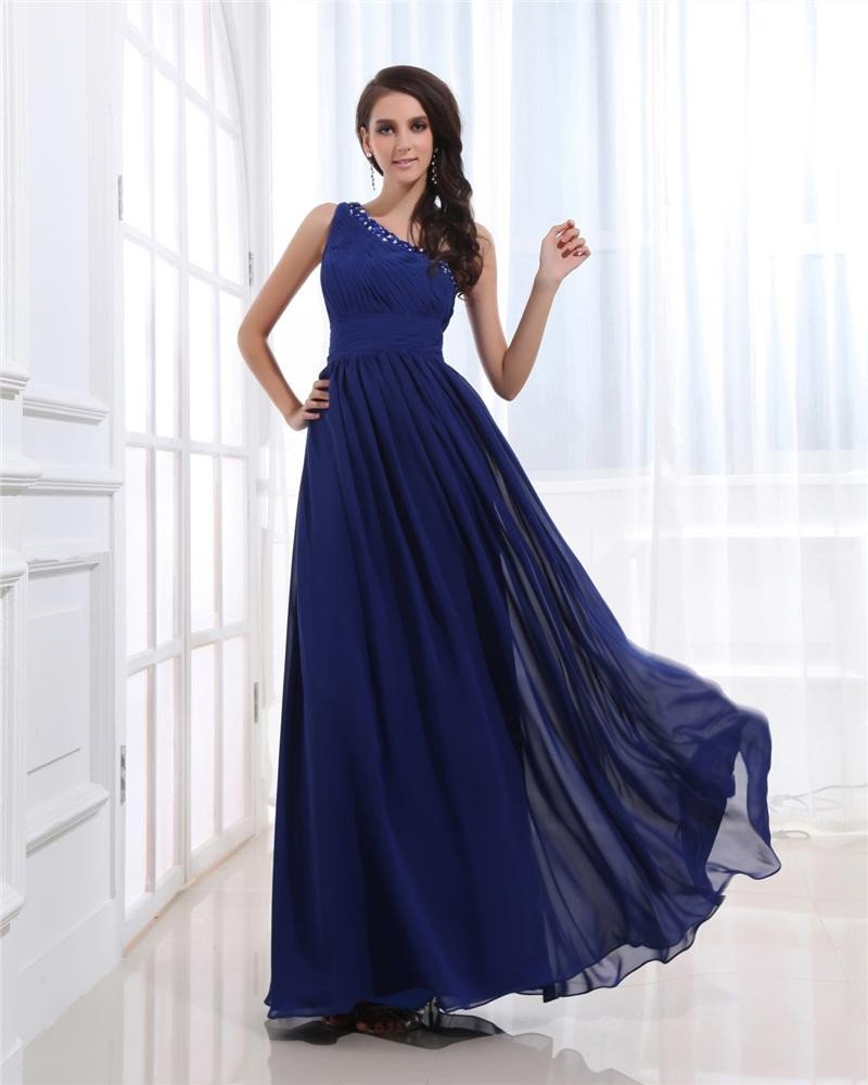 Ruffle beaded Chiffon One Shoulder Ankle Length Plus Size Evening Dresses