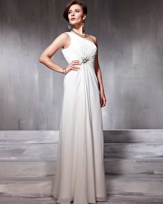 Chiffon Charmeuse Beading One Shoulder Floor Length Evening Dresses