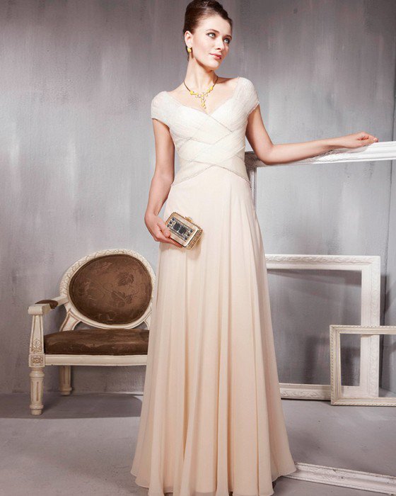 Beaded Ruffle Cotton Tulle V Neck Floor Length Evening Dresses