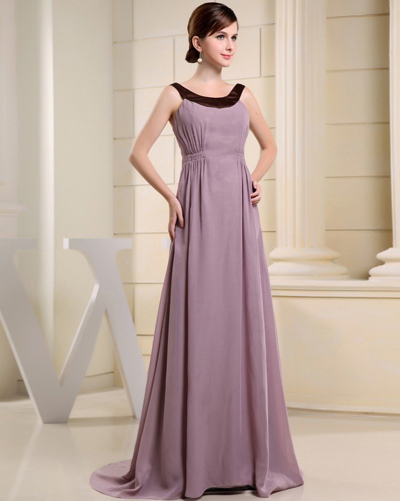 Fashion Chiffon Charmeuse Silk Crew Neck Court Train Sleeveless Women Evening Dress