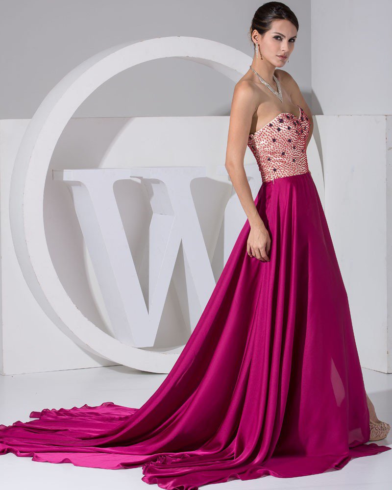 Fashion Chiffon Charmeuse Silk Jointing Beaded Sweetheart Court Train Women Evening Dress