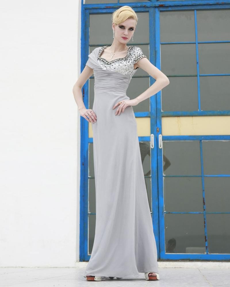 Silk Mesh Charmeuse Beading Pleated Square Neck Floor Length Evening Dresses