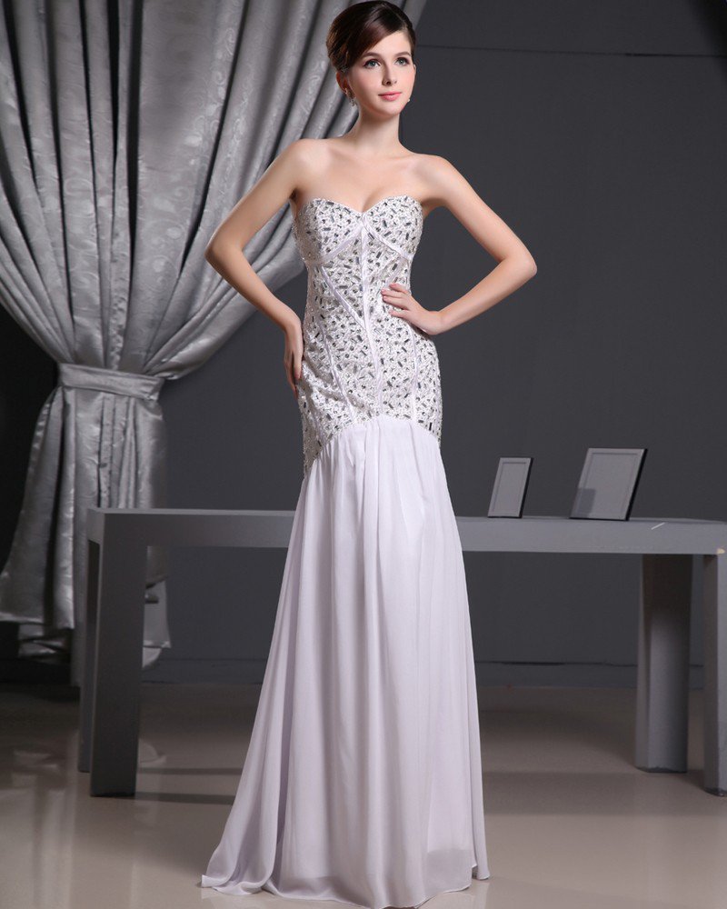 Fashion Chiffon Charmeuse Silk Beaded Jointing Sweetheart Court Train Sleeveless Women Evening Dress