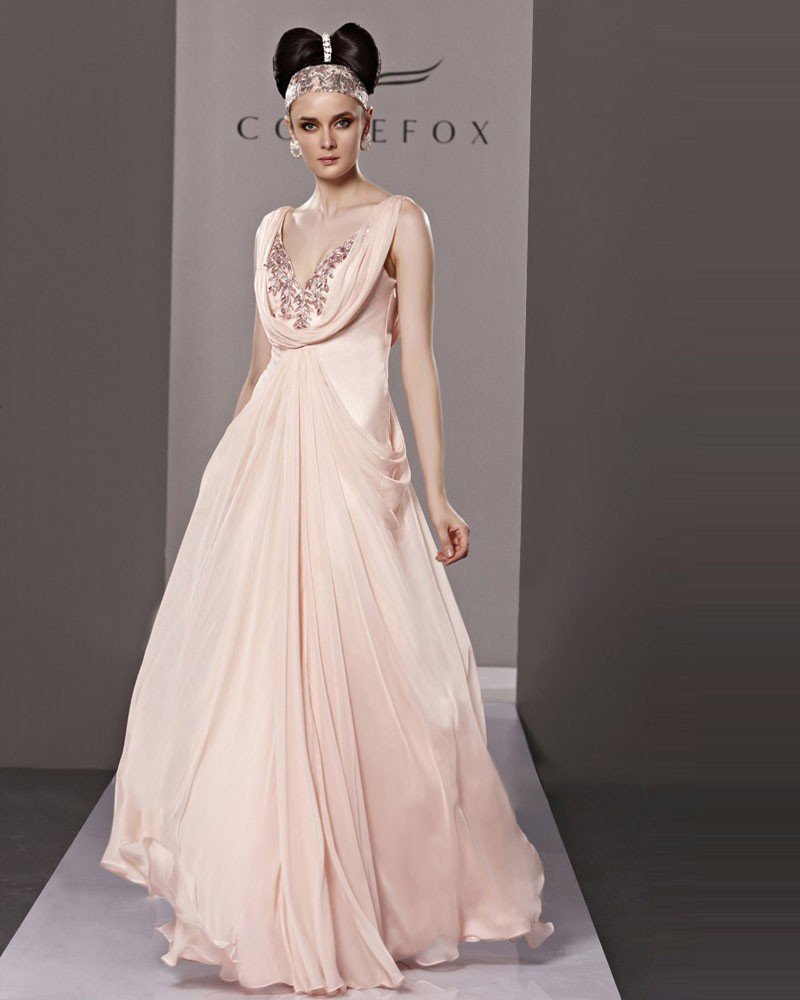 Slim Beading V Neck Floor Length Tencel Charmeuse Evening Dress