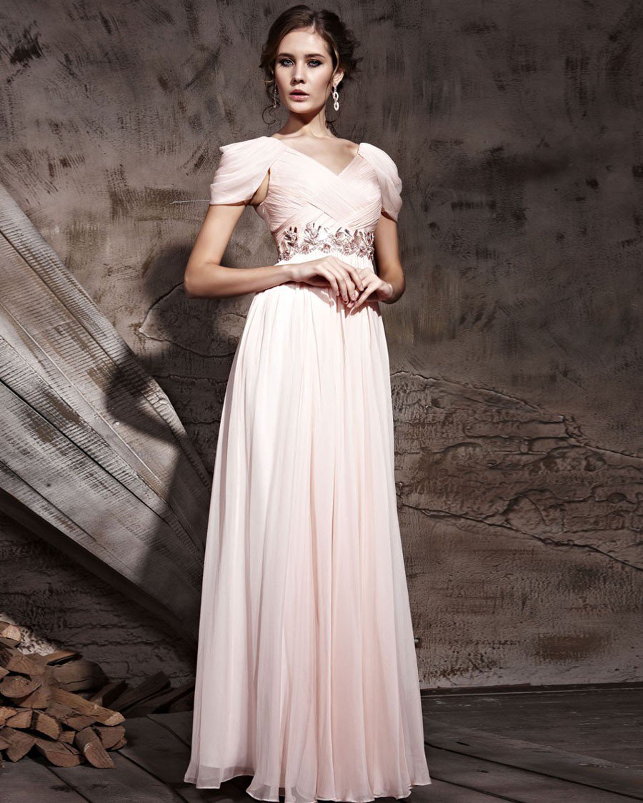 Floor Length Tencel V-Neck Zipper Short Sleeve Evening Dresses