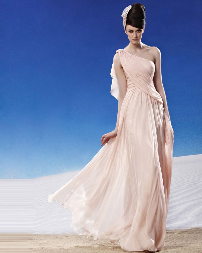 Elegant Beading Ruffles Floor Length Sloping Tencel Charmeuse Evening Dress
