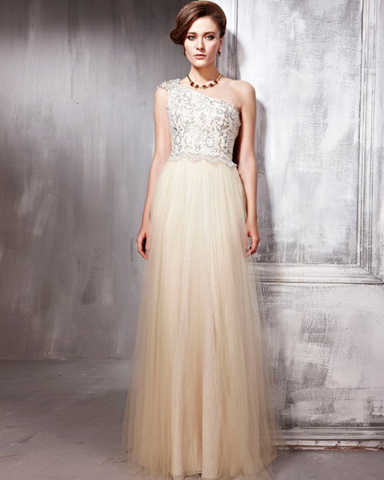 Diamond Tulle Charmeuse Beading Pleated One Shoulder Floor Length Evening Dresses